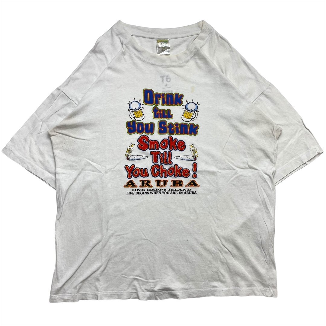 Tシャツ 半袖 ホワイト 古着 メンズ XXL ビール タバコ メッセージTシャツ クリーニング済み拍卖