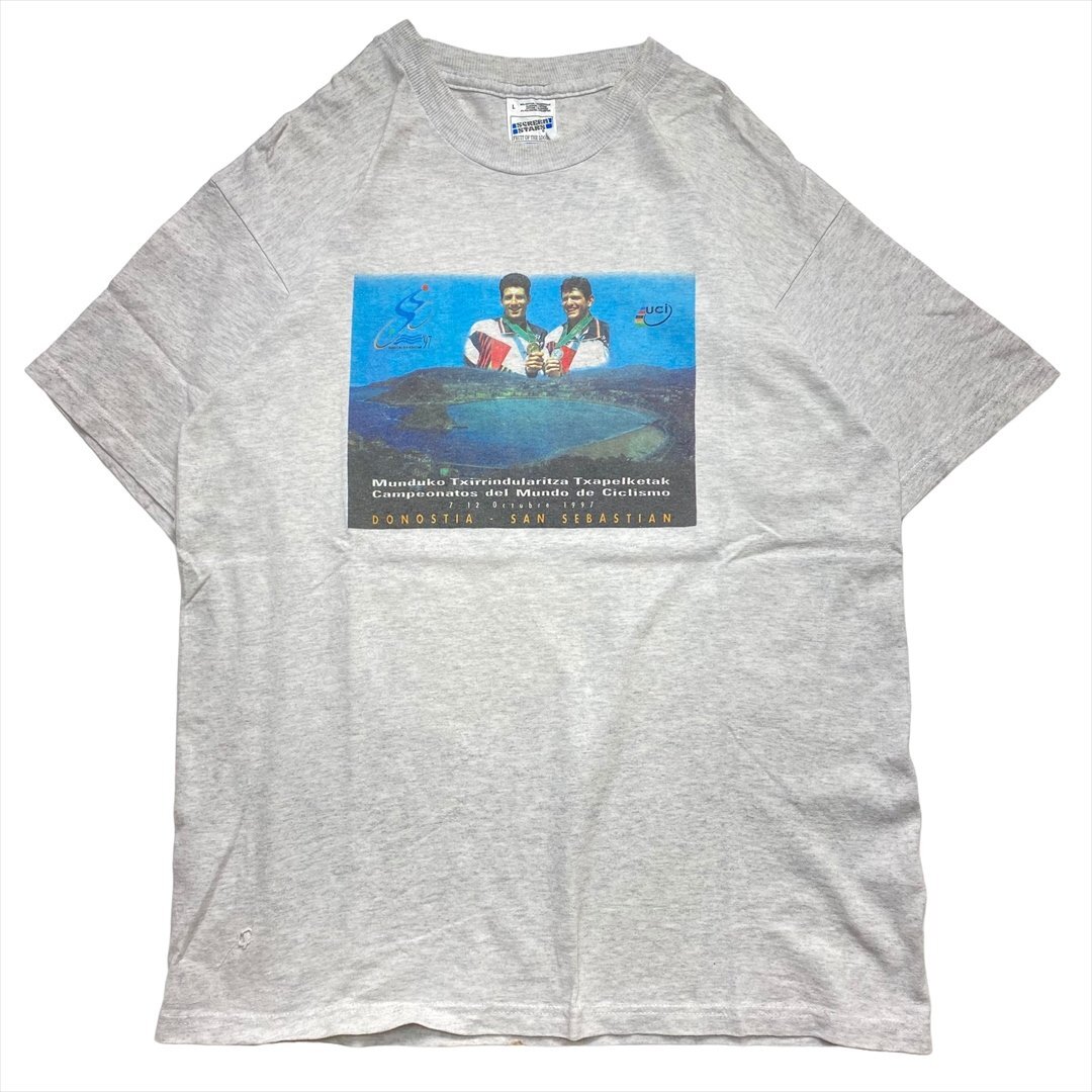 SCREEN STARS スクリーンスターズ Tシャツ 半袖 グレー 古着 メンズ L 1997ロードレースプリント スポーツ クリーニング済み拍卖
