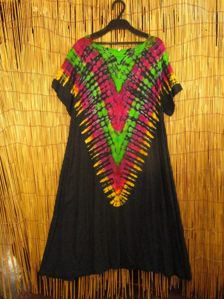 【送料込み/SALE】新品 レーヨン素材 タイダイ染め 半袖 Aライン ミドル丈ワンピース エスニック アジアン MAJAM拍卖