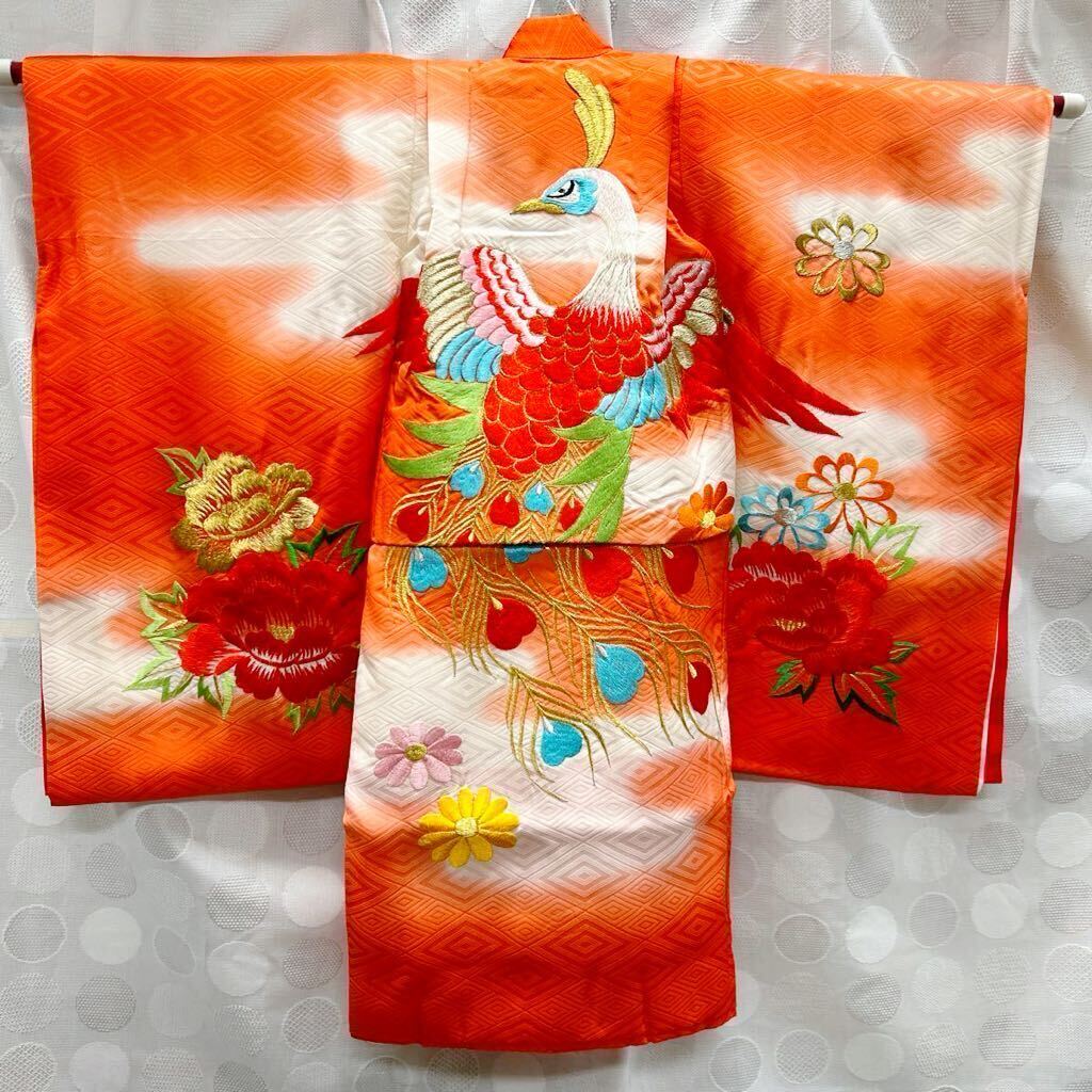 ★美品★ 七五三 正絹セット 3歳 女児 三才 刺繍 鳳凰 牡丹 豪華 身丈75.5cm 女の子 キッズ お宮参り 着物 子供着物 きもの(08096①C拍卖