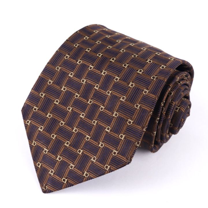 サルヴァトーレフェラガモ ブランドネクタイ チェック柄 オメガモチーフ シルク メンズ ブラウン Salvatore Ferragamo拍卖