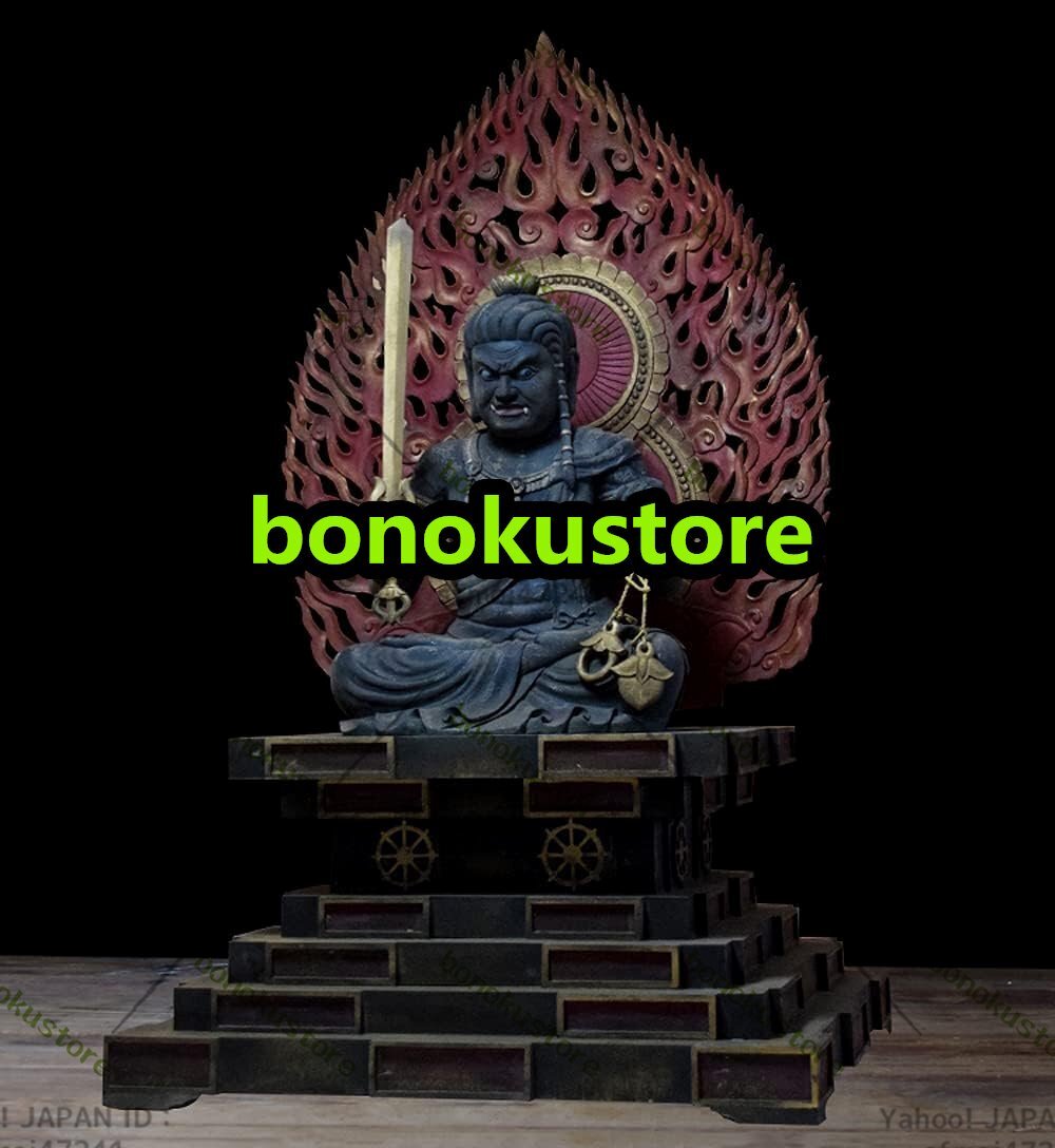 特大サイズ 不動明王 極彩色 木彫り 仏壇仏像 木製 置物 香樟木製 酉年 守り本尊 祈る 厄除け 四角台座 火炎光背 z803拍卖