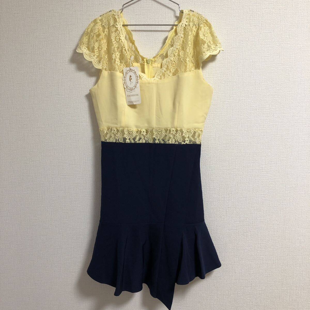新品タグ付 Xinyi Fushi バイカラーレースワンピースフリルS 韓国ブランド イエロー×ネイビー 未使用美品拍卖