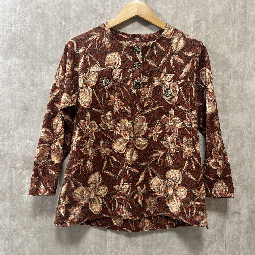 レディースヴィンテージ古着 ヘンリーネックブラウス カットソー 長袖薄手 レトロ 古着 ビンテージ ヴィンテージ 花柄拍卖