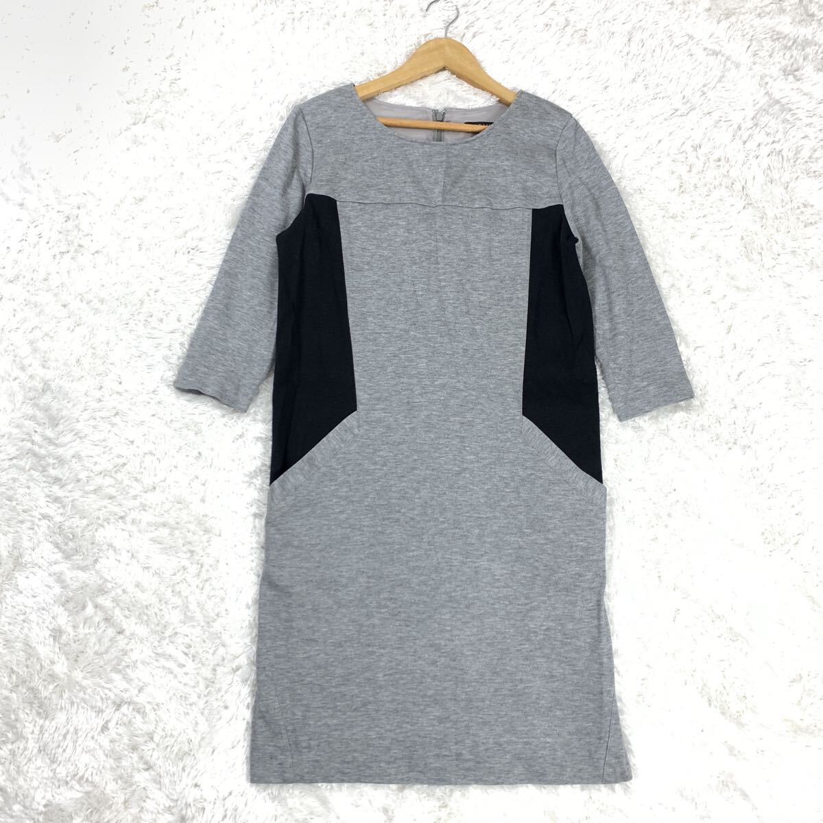 INDIVI インディヴィ ひざ丈 ワンピース 七分袖 バイカラー 綿 コットン 裏地有り グレー 36 YA7745拍卖