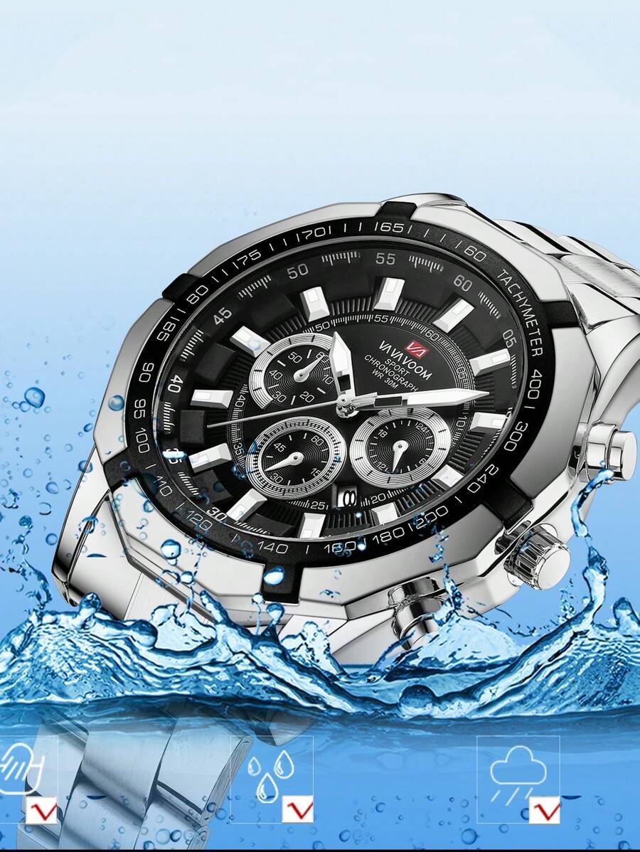 腕時計 メンズ クォーツ シルバー メンズ カジュアル スポーツ ステンレススチール カレンダー 発光クォーツ腕時計 (暗闇で光る拍卖