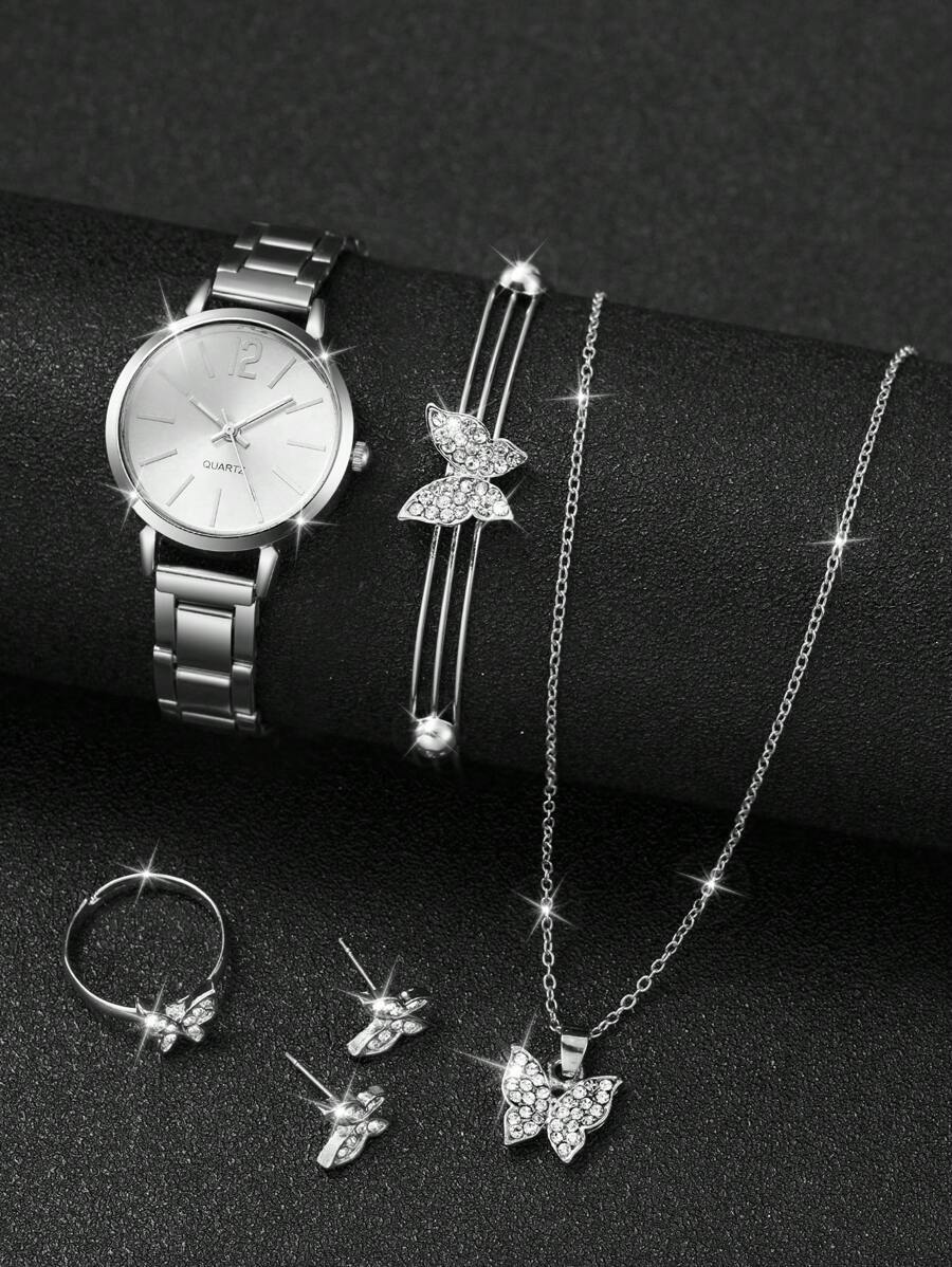 腕時計 レディース セット 女性用 ファッショナブルなステンレス鋼腕時計、シンプルなデジタル文字盤、蝶のジュエリーセット(6個セッ拍卖
