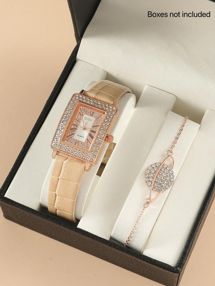 腕時計 レディース セット 1個 長方形ポインター クォーツ腕時計 & 1個 ブレスレット 学生向けの学校再開ギフト拍卖