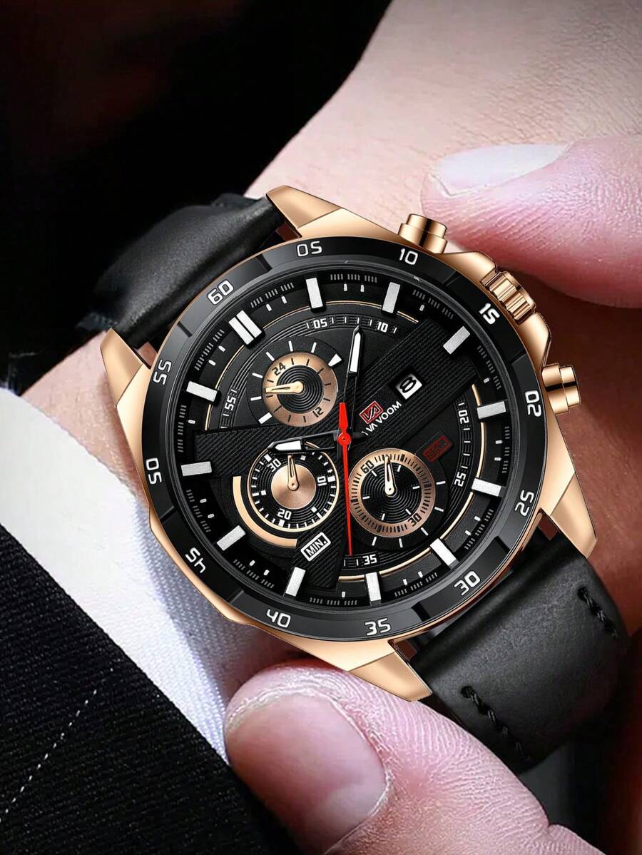 腕時計 メンズ クォーツ メンズ ウォータープルーフ スポーツスタイル レーシングウォッチ、大きな文字盤とブラックレザーベルト、父拍卖