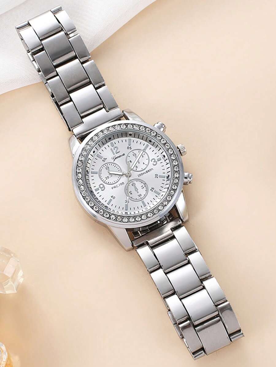 腕時計 レディース クォーツ 1個 レディース シルバー ジンクアロイ バンド ラインストーン装飾 ラウンドダイヤル クォーツ腕時拍卖