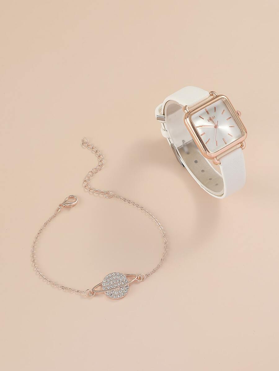 腕時計 レディース セット 1個 スクエアポインター クォーツ 腕時計 & 1個 ブレスレット、学生の入学祝いのギフト拍卖