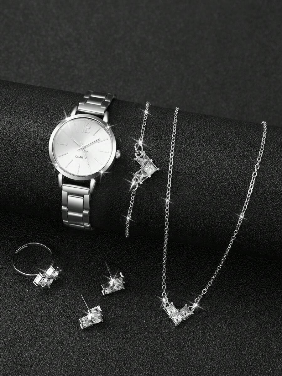 腕時計 レディース セット 女性用 ステンレススチールバンド ミニマリストデザイン クォーツ腕時計 + ハート型ジュエリーセット拍卖