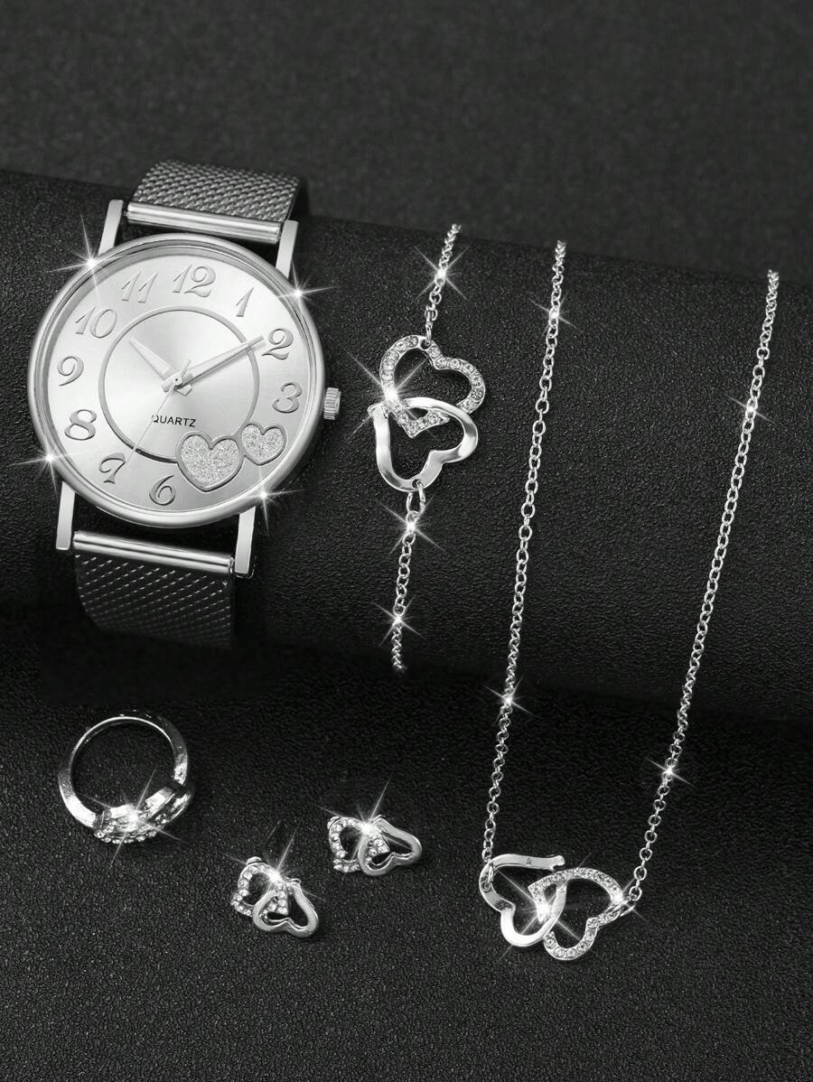 腕時計 レディース セット 学生へのギフトとして - プラスチックメッシュストラップ、シンプルなデジタル&ハート型ダイヤル クォー拍卖