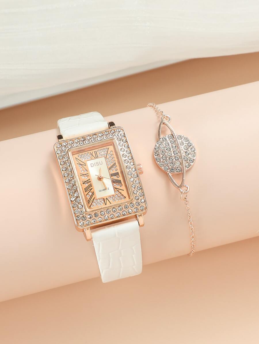 腕時計 レディース セット リボン付きクリスタル装飾長方形ポインター クォーツ腕時計 1個と、学生への進学祝いブレスレット 1個の拍卖