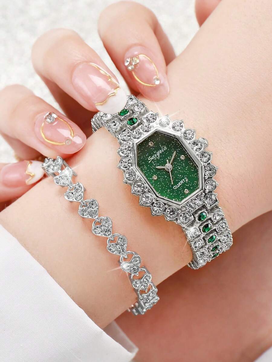 腕時計 レディース セット 女性用 シルバー合金ストラップ、きらびやかなラインストーン装飾ポリゴンダイヤル クォーツ腕時計 1個と拍卖