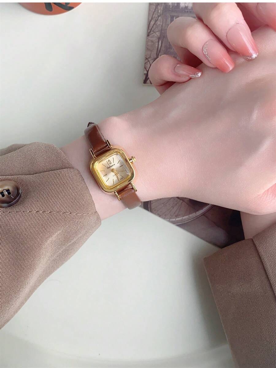 腕時計 レディース クォーツ 1個 ミニマリストなスモール四角型レディース クォーツ腕時計、ゴールドダイヤル ブラックバンド、プレ拍卖