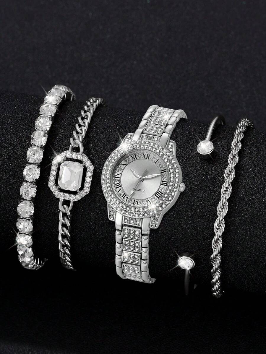 腕時計 レディース セット 5個セット、レディース腕時計、ファッショナブルで高級感のあるシルバーダイヤモンド装飾 ローマ数字レディ拍卖