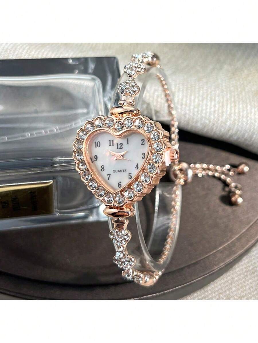 腕時計 レディース クォーツ 1個 レディース ローズゴールド合金ブレスレット式腕時計、ハート型ケース、アラビア数字、精巧な石英式拍卖