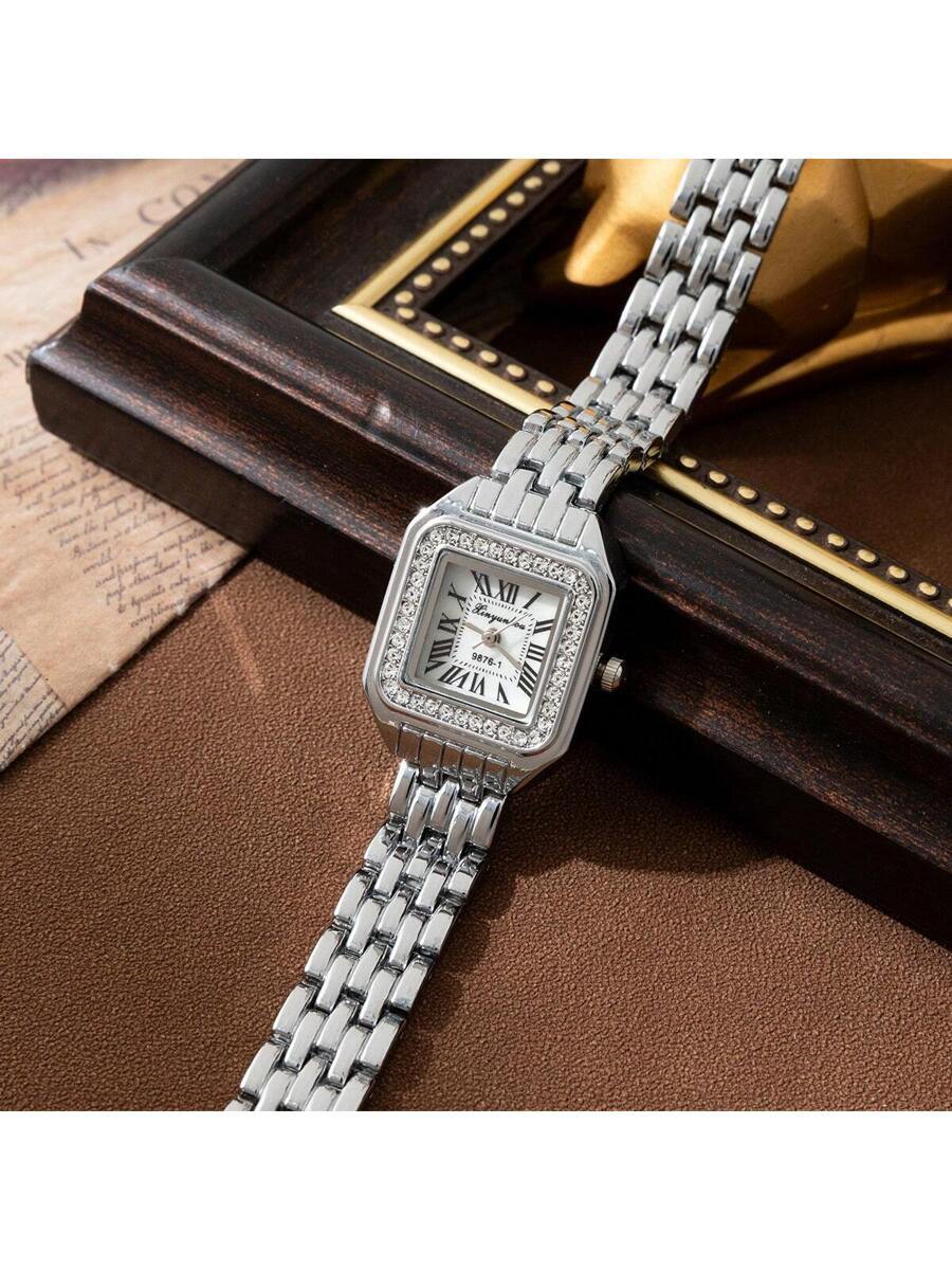 腕時計 レディース セット ダイヤモンド装飾 小型 スクエア型 腕時計、ステンレスバンド、上品でカジュアル、学生への入学祝いなどオ拍卖