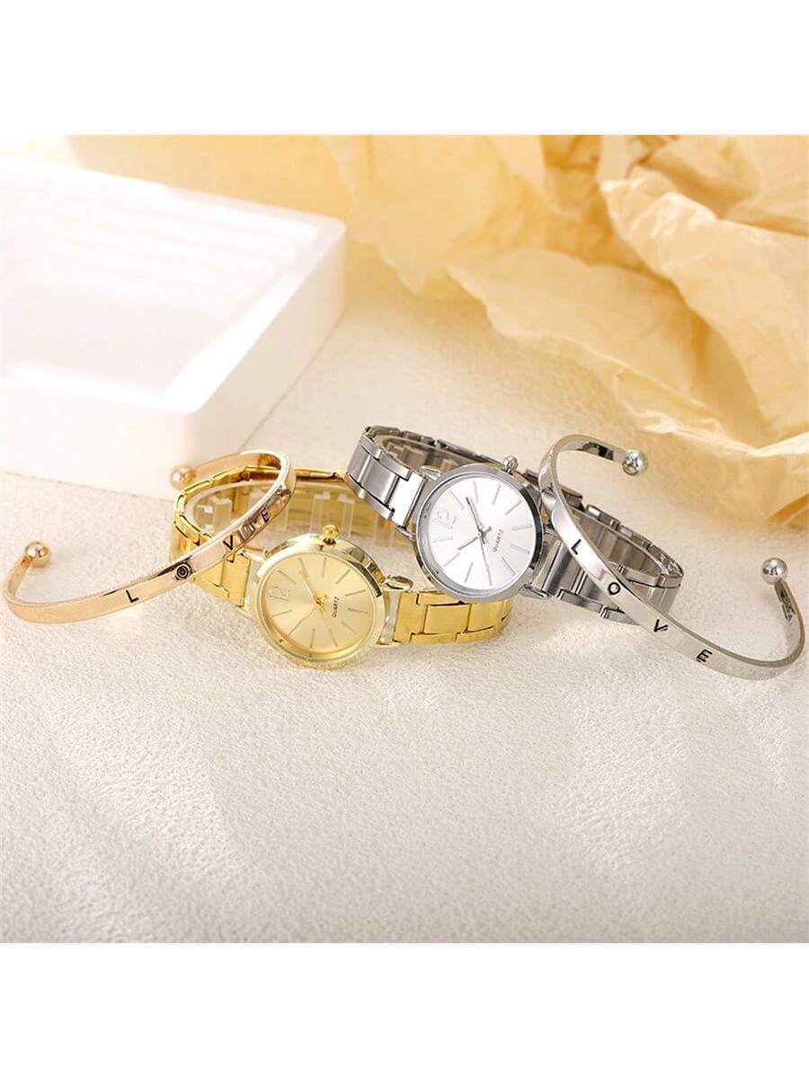 腕時計 レディース セット 高級女性用腕時計4個セット、ゴールドとシルバーのブレスレット、母親や女性への贈り物拍卖