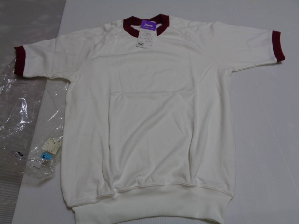 L 白×エンジ U-3212 jelenk ジェレンク アシックス 半袖 Tシャツ 体操着 体操服 昭和レトロ 未使用カビシミ!拍卖