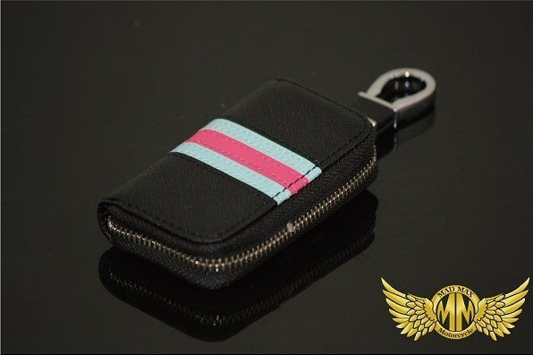 カー用品 スマートキーケース ボーダー柄 レザー カルビナ付き ブラック/父の日 母の日 プレゼント 【メール便送料210円】拍卖