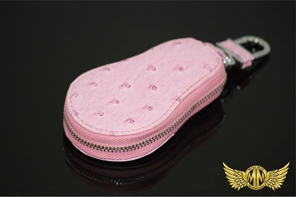 カー用品 スマートキーケース オーストリッチ風 レザー カルビナ付き ピンク/父の日 母の日 プレゼント 【メール便送料210円】拍卖