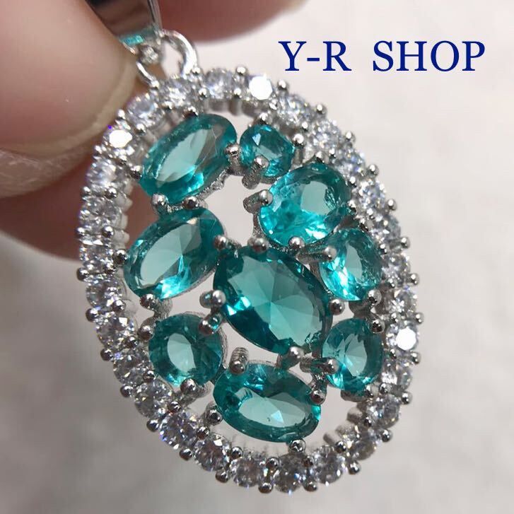 リッチブルーアクアマリンとキュービックジルコニアのエレガントペンダントトップ ★レディースネックレスシルバー925刻印新品宝石Y-R SHOP拍卖