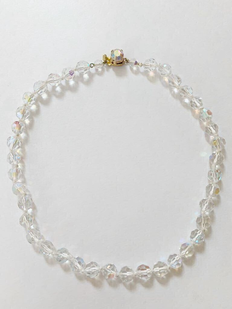 【USED】英国購入 ヴィンテージ オーロラクリスタルガラスネックレス 虹色 一粒ストーンクラスプ コスチュームジュエリー① 43cm やや大粒拍卖