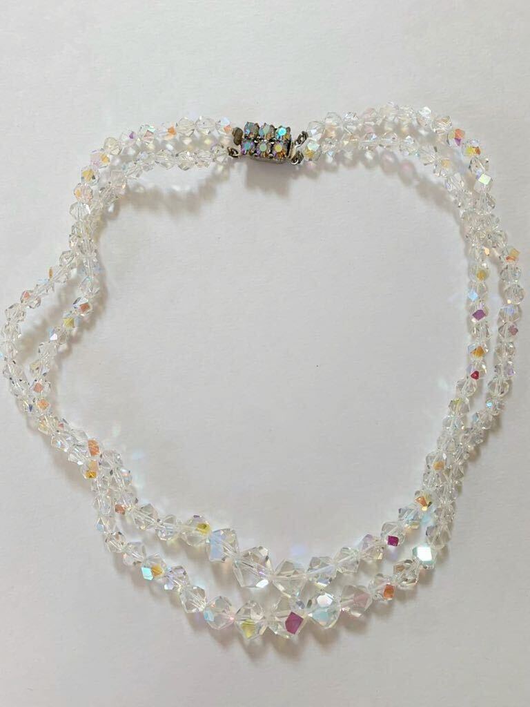 【USED】希少 イギリス購入 ヴィンテージ オーロラ クリスタルガラス 2連ネックレス16面カットビーズ レア スクエアビジュークラスプ拍卖