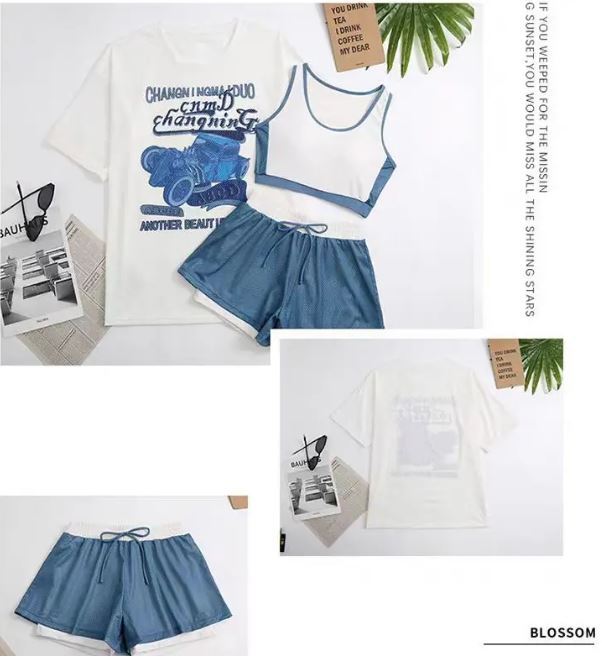 【Sサイズ blue 3点セット】女性用スリーピーススポーツ水着、ルーズカバーアップ、日焼け止め、学生、温泉、学生モデル、スプリット拍卖