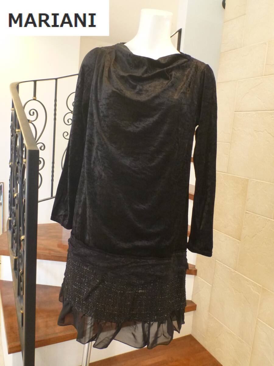 1.8万 新品 MARIANI マリアーニ★黒 ブラック 長袖 チュニック ワンピース ベロア×ツイード×シフォン素材 11 L相当拍卖
