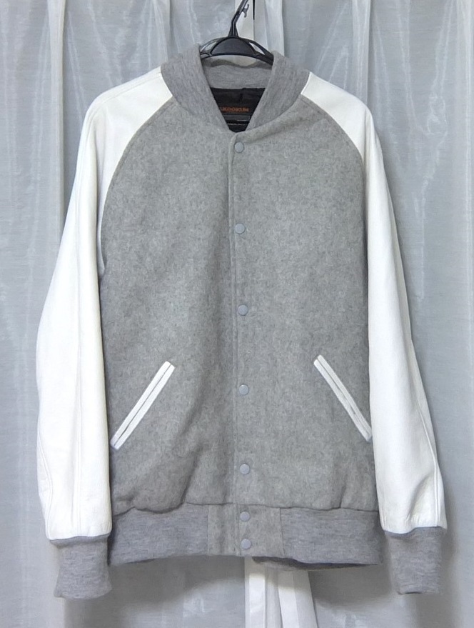 フリークス別注 スクーカム 袖レザー スタジャン グレー 40 作り大きめ ゆったりめ 袖革 ジャケット SKOOKUM FREAK'S STORE拍卖