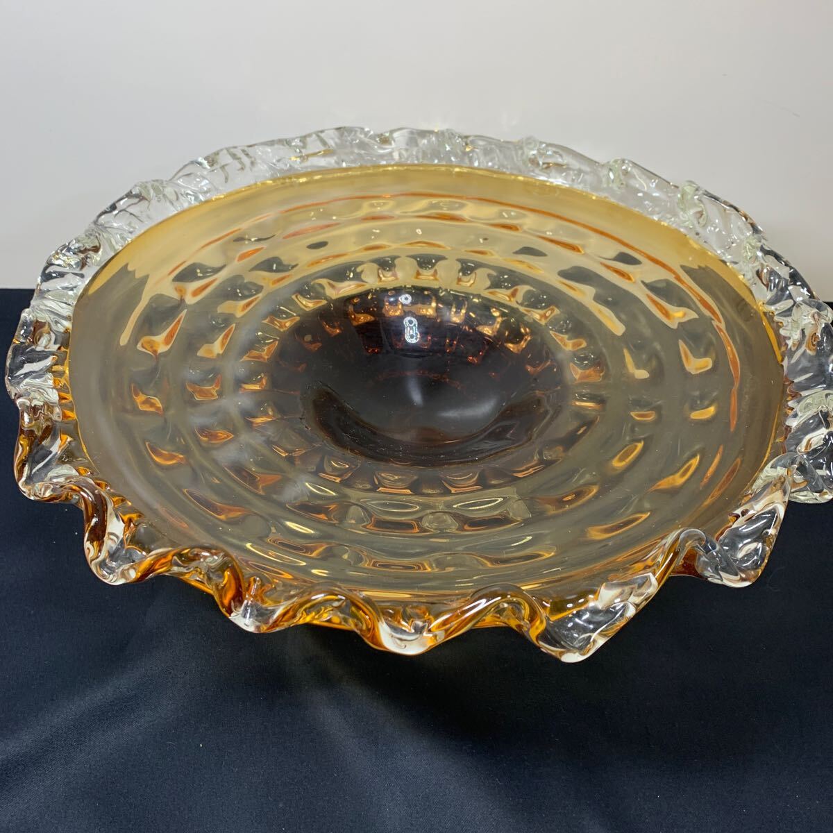 ★大阪/店舗受け取り可★フルーツボウル 皿 脚付き ガラス工芸 昭和レトロ品 装飾ボウル パンバスケット インテリア 約直径39cm 高さ16cm★拍卖