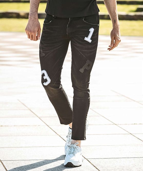 1PIU1UGUALE3 RELAX ウノピゥウノウグァーレトレ ダメージデニム ジーンズ ブラックデニム ワッペン メンズ ブランド LEON 2L 3L XXL拍卖