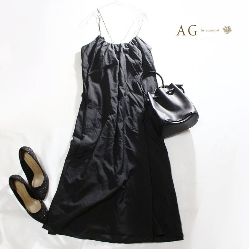 美品 aquagirl アクアガール 株) ワールド ロング丈 細紐 ロングキャミソールワンピース キャミワンピ 9号 38 ブラック 黒 淡い黒 シンプル拍卖