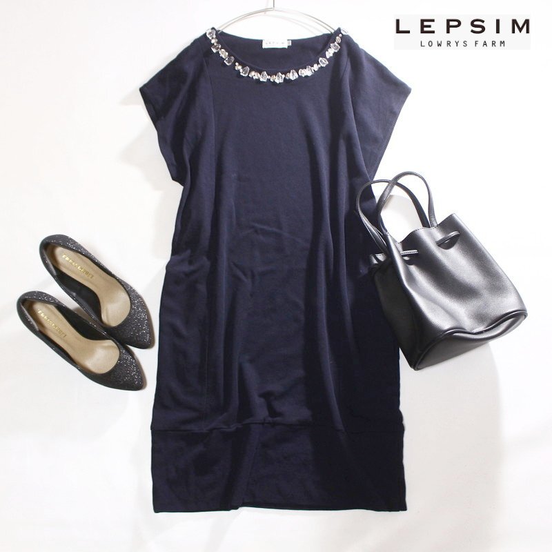 美品 LEPSIM レプシィム ローリーズファーム LOWRYS FARM 夏 ビジュー プルオーバー 半袖 ワンピース ネイビー 紺 L ジャージ―拍卖