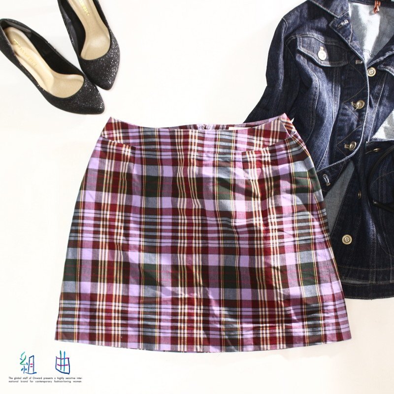 美品 組曲 クミキョク 株) オンワード樫山 春 夏 チェック柄 ミニスカート 9号 2 パープル 紫 お洒落な1枚拍卖