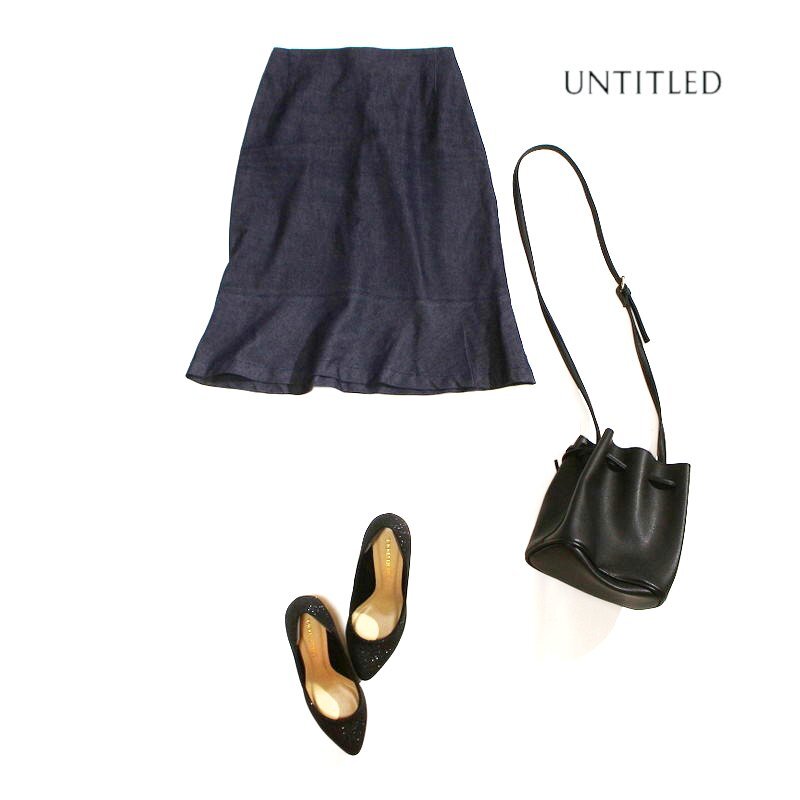 アンタイトル UNTITLED 株) ワールド ストレッチ 緩やかAライン 膝下丈 デニムスカート 7号 ネイビー 紺 綺麗め 大人 ミセス タイトめ拍卖