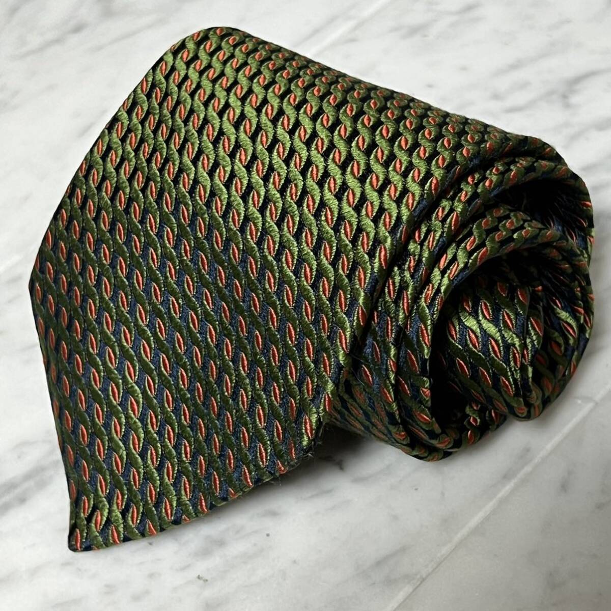 【美品】 999円~ LANVIN ネクタイ ネイビー グリーン系 ストライプ 総柄 (GREEN B4)拍卖