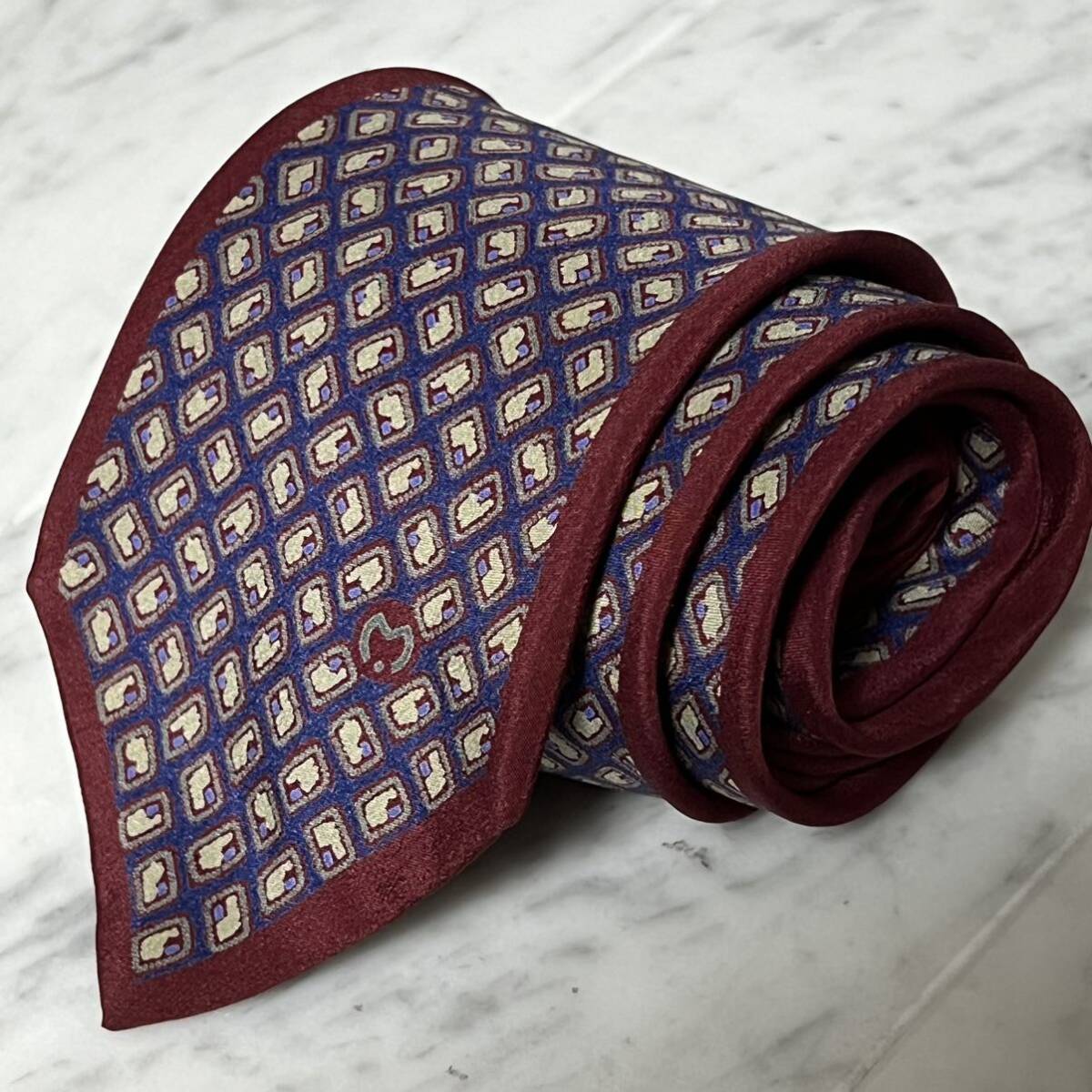【未使用に近い】 999円~ ミラショーン ネクタイ ブルー レッド ワンポイントロゴ 小紋 (B6)拍卖