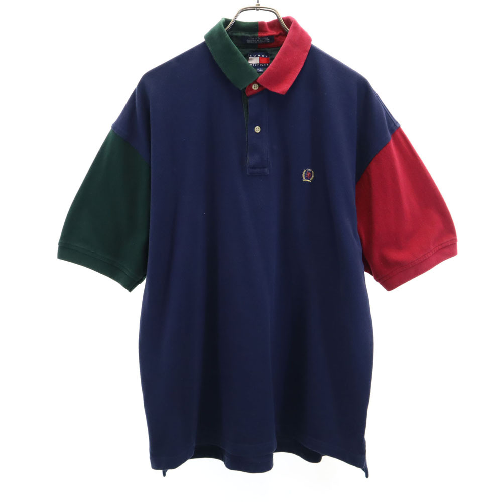 トミーヒルフィガー 90s オールド フラッグタグ 半袖 ポロシャツ XL ネイビー TOMMY HILFIGER 鹿の子 メンズ拍卖