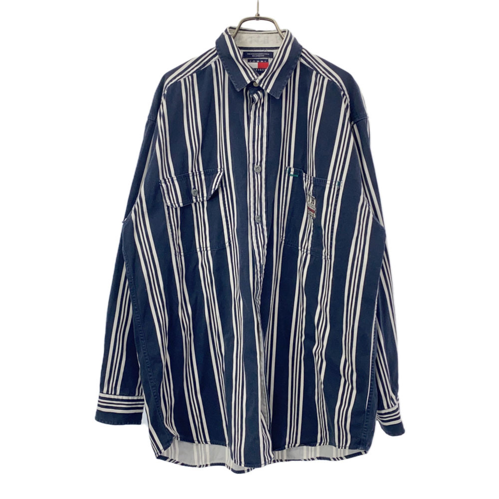 トミーヒルフィガー 90s ストライプ 長袖 フラッグタグ コットンシャツ M ネイビー×白 TOMMY HILFIGER オールド ヴィンテージ メンズ拍卖