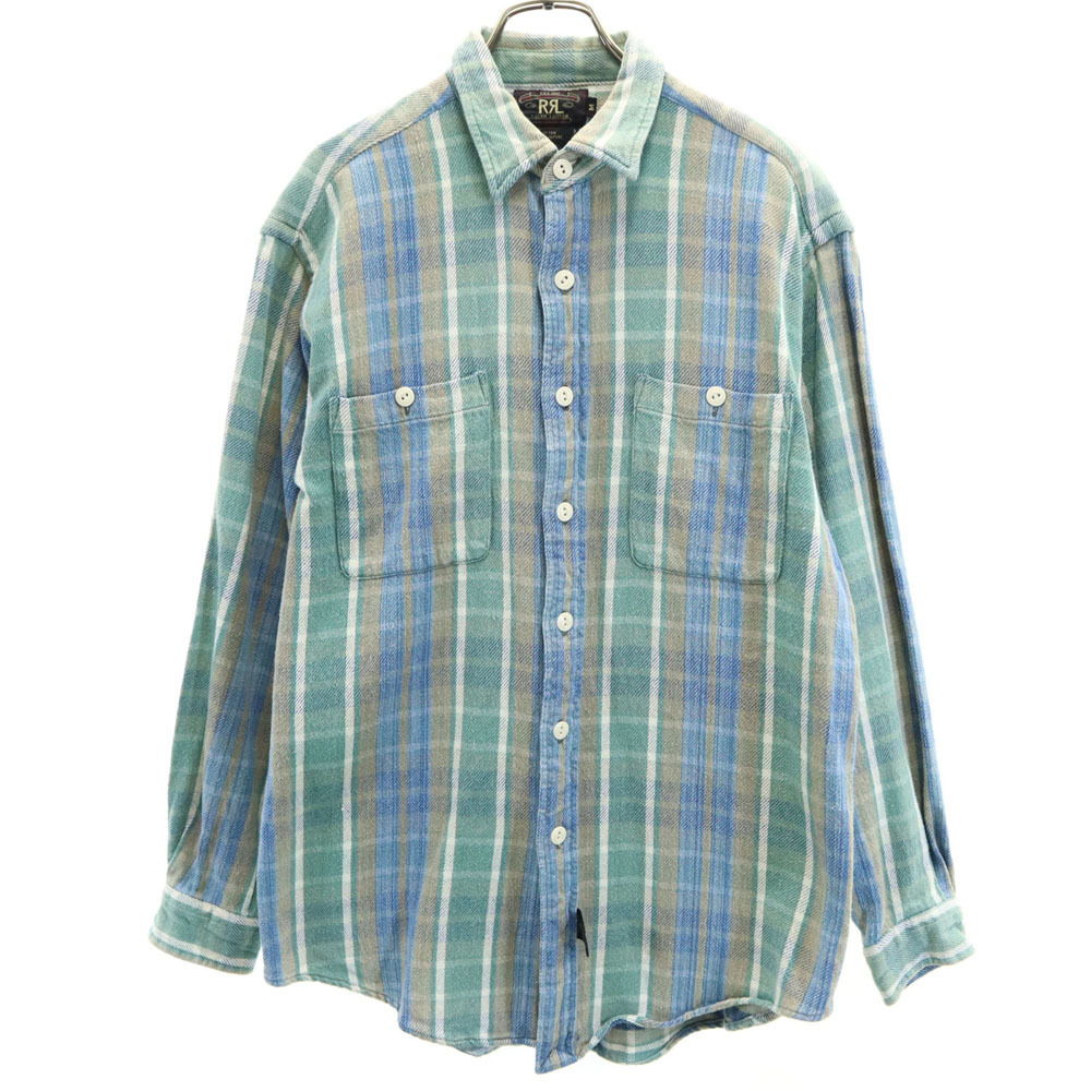 ダブルアールエル 90s 初期タグ 赤3星 オールド チェック柄 長袖 ネルシャツ M グリーン系 RRL メンズ拍卖