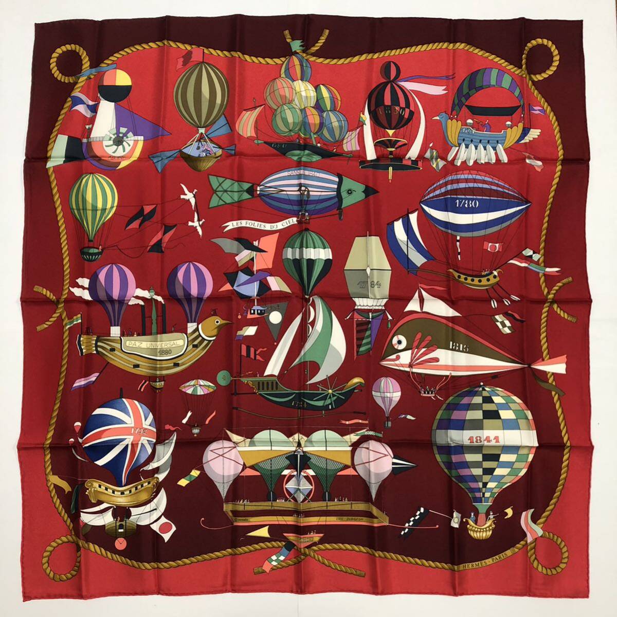 未使用 スカーフ カレ90 ES FOLIES DU CIEL 大空の狂気 シルク 100% エルメス 気球 スカーフ拍卖