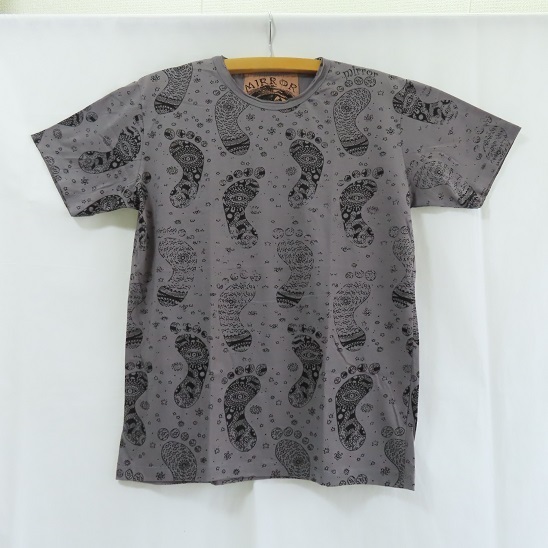 〓 新品 〓 アジアン Tシャツ 〓 仏足 エスニック フェス グレー 男女兼用 ユニセックス おしゃれ 〓E868拍卖