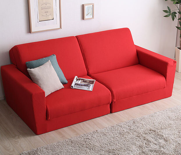 組み換え自由なソファベッド 2人掛 日本製 ローベッド カウチソファ 布張りレッド色拍卖