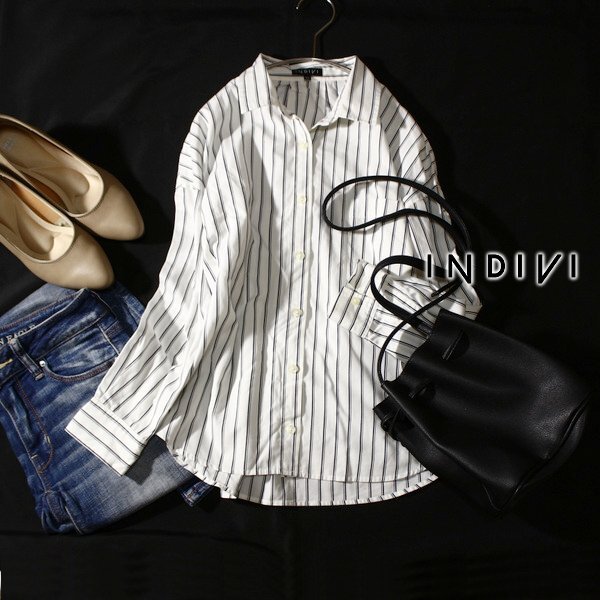 美品 INDIVI インディヴィ 綺麗めストライプ柄 コットン 長袖シャツ 05号 XS 春 夏 秋 24A07拍卖