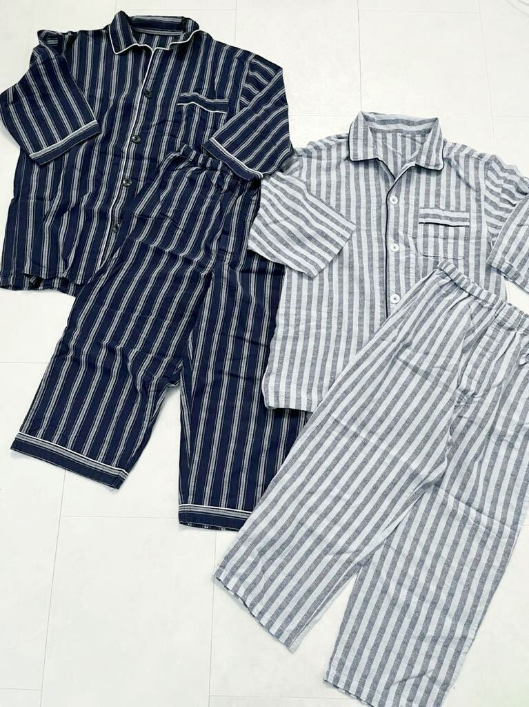 パジャマ メンズ Lサイズ 2組セット 紺 ネイビー 水色 ストライプ 五分袖 七分丈 上下 入院 介護 寝巻き ルームウェア 春 夏 秋拍卖