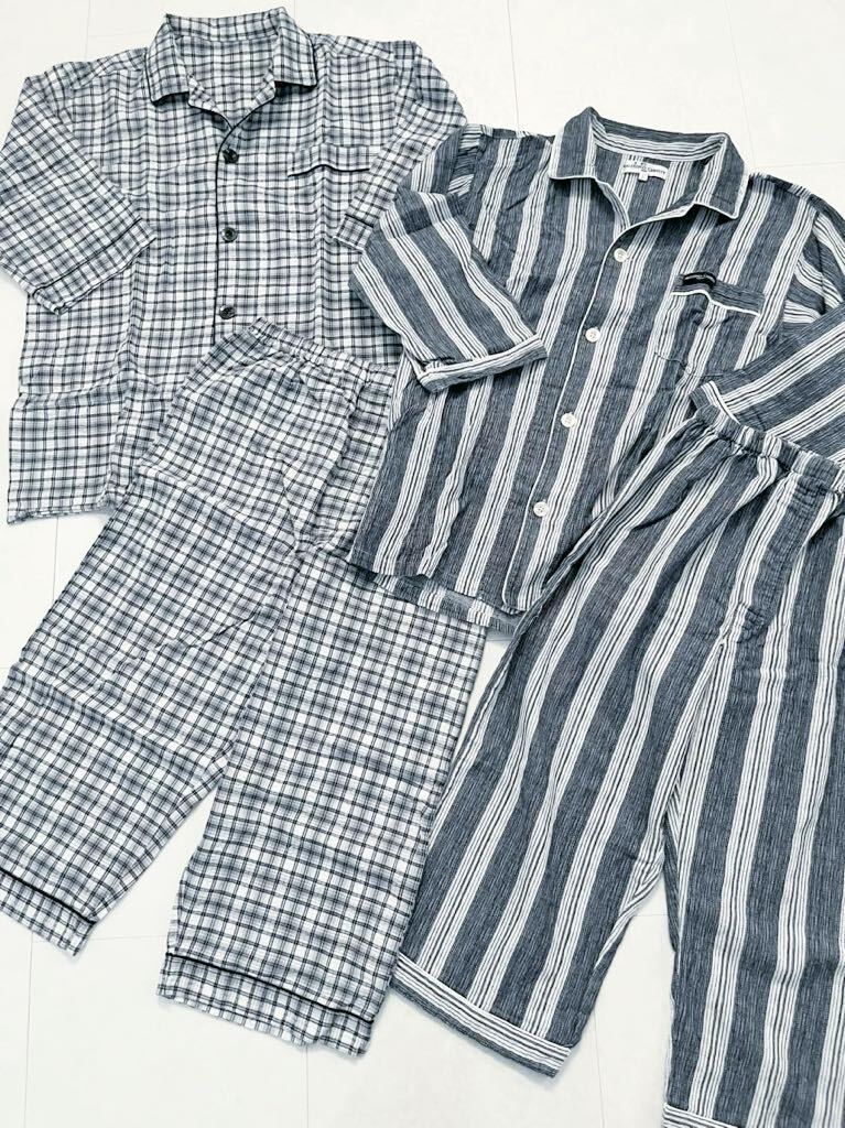 メンズ パジャマ L 2組セット 上下 春夏秋 紺 グレー系 五分袖 七分丈 入院 入所 介護 寝巻き ルームウェア 綿100% ストライプ チェック拍卖